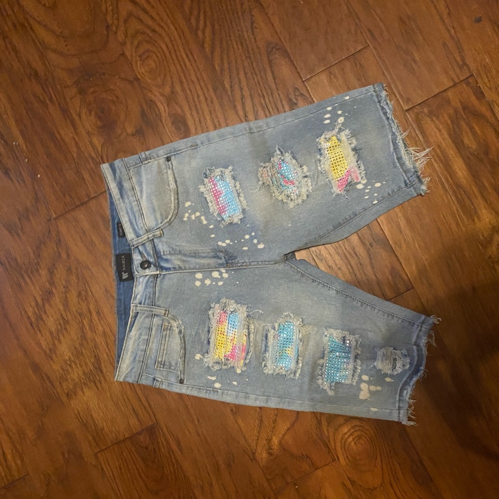 Distressed Denim Shorts with Colorful Accents